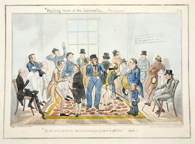 Warteraum im Admiralität, aus Der Fortschritt eines Seekadetten, veröffentlicht 1835 von George Cruikshank